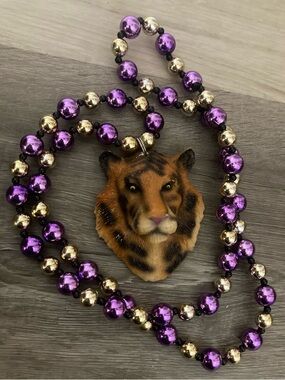 Mardi Gras Tiger Head Pendant Necklace with Purple & Gold Beads